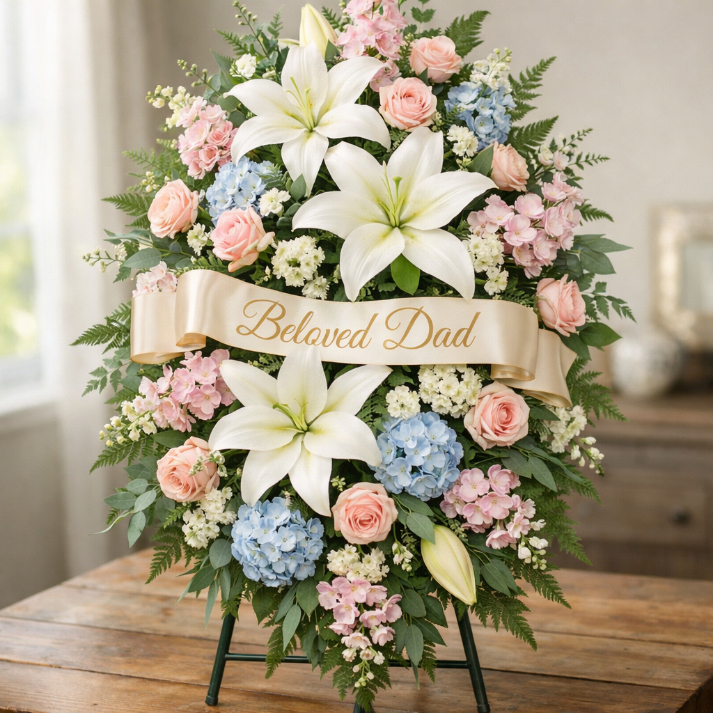 A realistic silk standing spray with white lilies and soft pastel accents, arranged on a wooden table, soft natural light. Alt: funeral flowers for dad silk standing spray