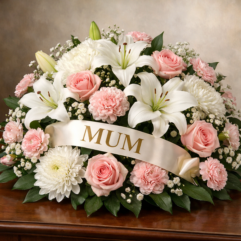 A realistic still life of white lilies, pink roses, chrysanthemums and carnations arranged in a classic funeral bouquet. Alt: traditional funeral flowers for mum