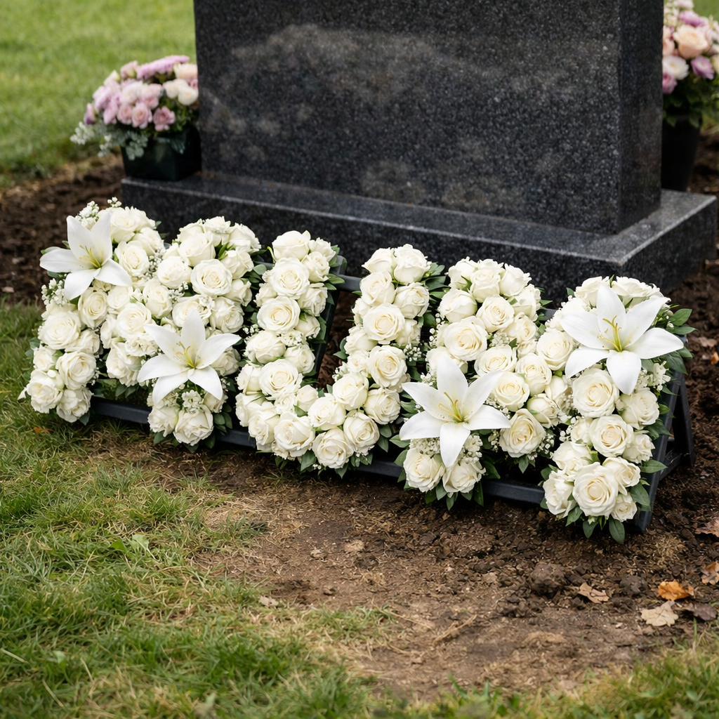 A realistic close‑up of a three‑letter “MUM” floral tribute made from white roses and lilies, displayed on a graveside. Alt: personalised memorial flower arrangement for mum