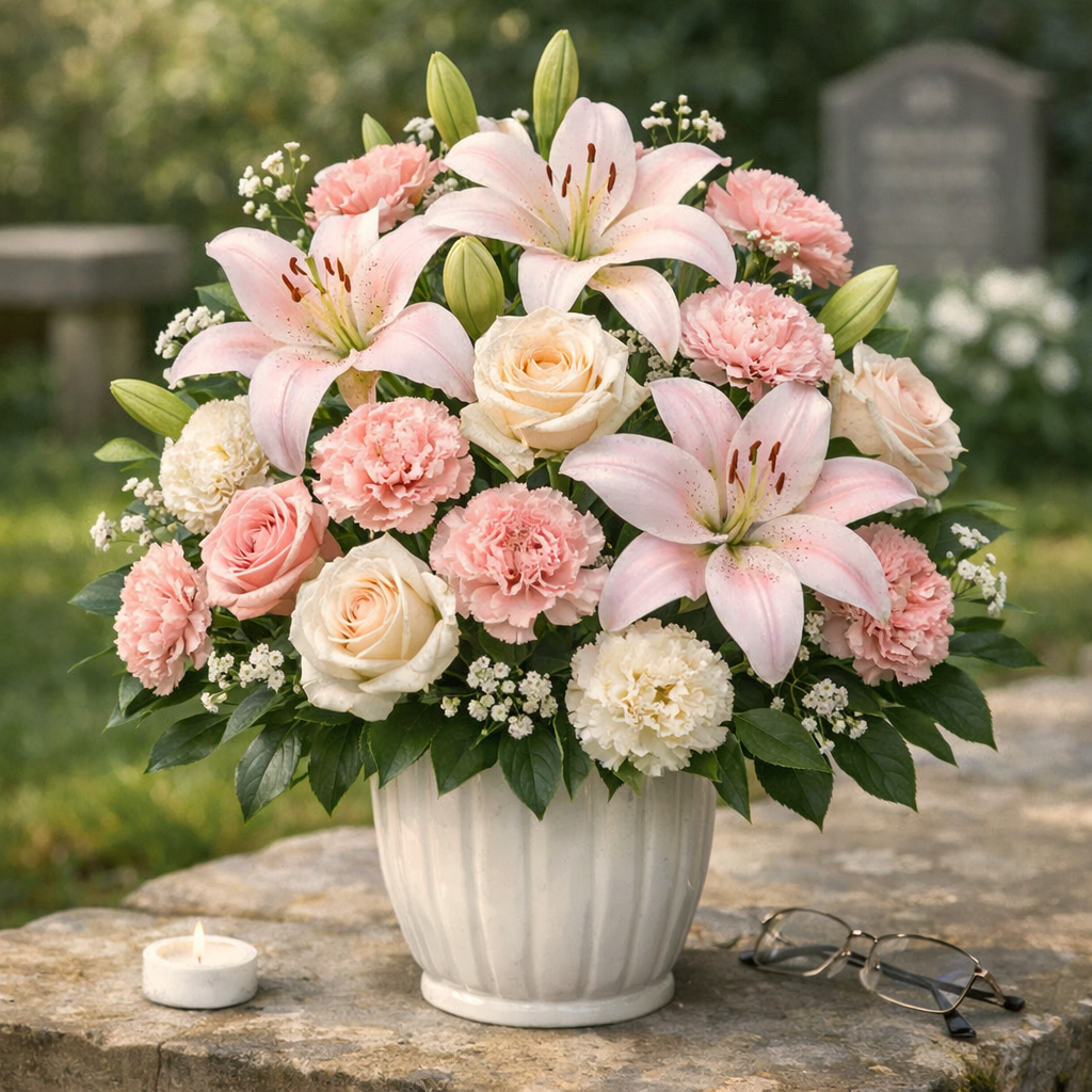 A realistic garden scene with soft pastel lilies, roses and carnations arranged in a simple vase, representing a traditional funeral tribute. Alt: traditional funeral flower arrangement for nan