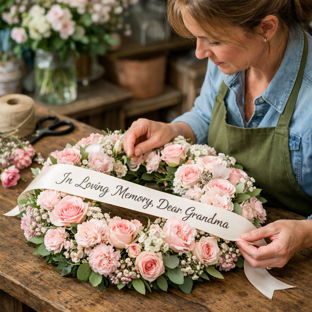 A serene photo of a florist arranging a soft pink wreath with a handwritten ribbon, showing a respectful tribute for a grandmother. Alt: UK florist creating a grandmother tribute