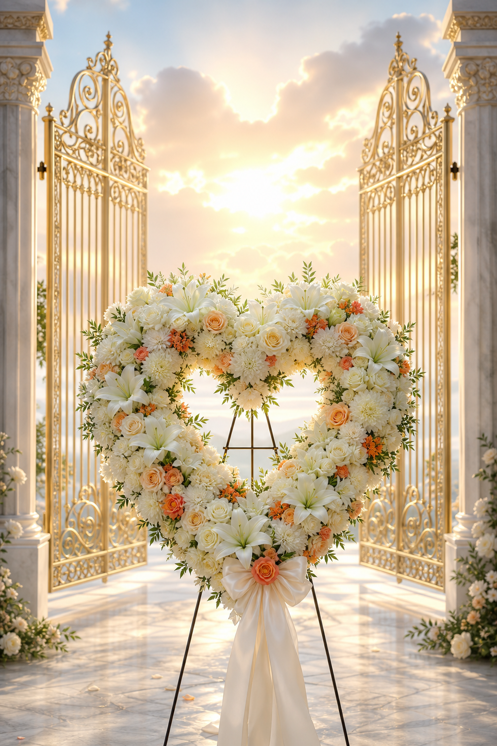 A heart-shaped silk arrangement at the gates of heaven, with soft sunlight streaming through. Alt: Heart-shaped silk funeral arrangement at the gates of heaven.