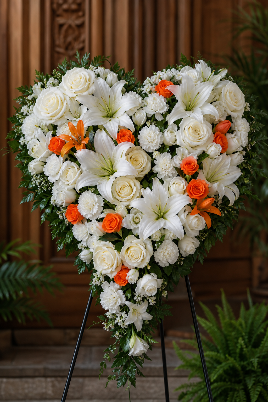 A photorealistic close-up of a silk lily and rose arrangement in a heart shape with soft natural lighting. Alt: Heart-shaped silk funeral arrangement, gates of heaven style with white lilies and roses.