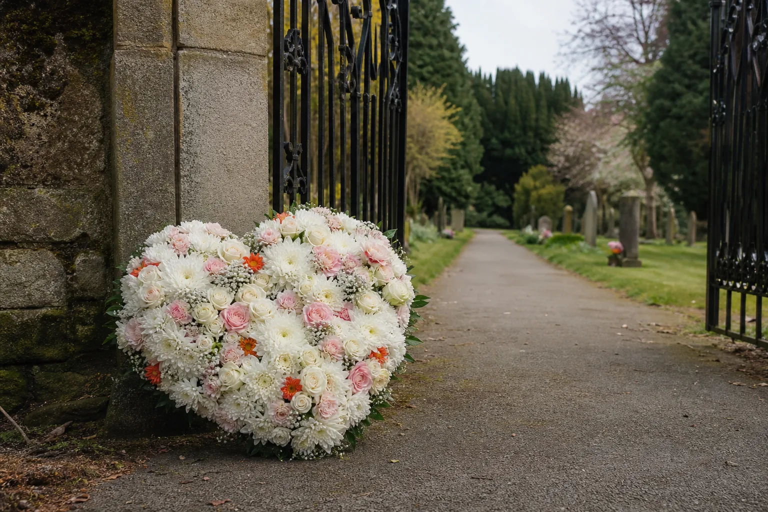 heart-shaped funeral flowers and Gates of Heaven tribute in Orpington