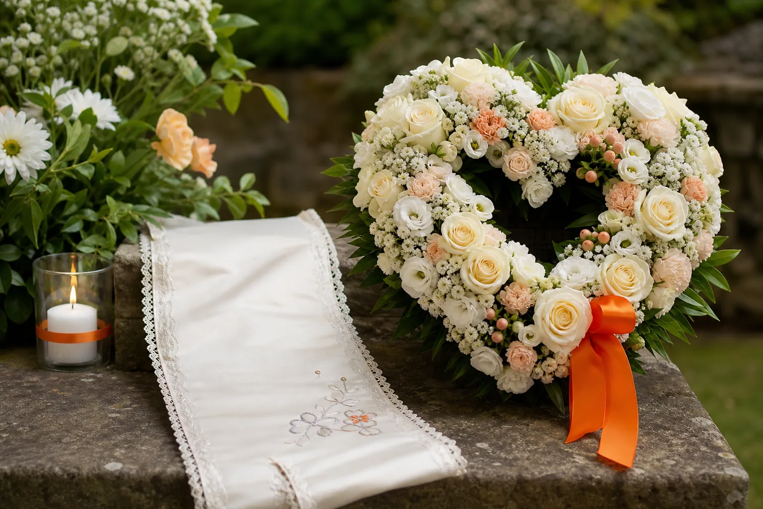 personalised funeral flowers with heart wreath and memorial details
