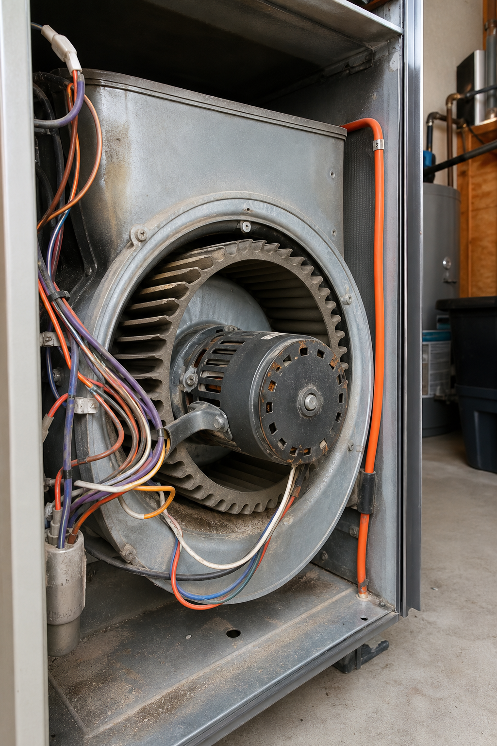 A photorealistic cross-section view of a residential furnace blower motor and fan wheel assembly inside an open furnace cabinet, showing the motor housing, wiring connections, and dust-covered fan blades in a real garage utility room setting. Alt: furnace blower motor and fan wheel assembly inside residential furnace cabinet Rocklin CA.