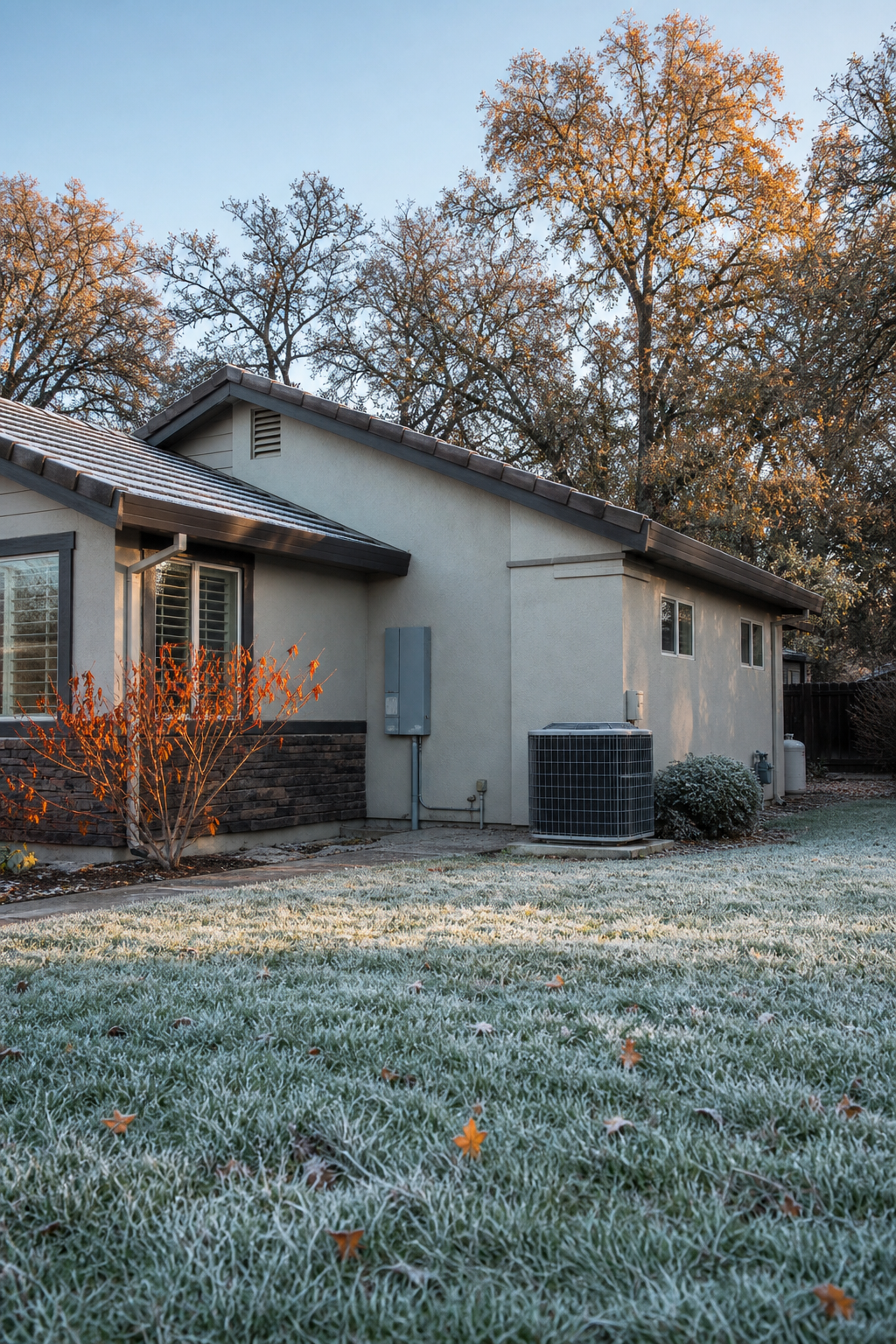 A photorealistic exterior shot of a suburban Rocklin CA home in late autumn, dry oak trees in the background and frost on the lawn, showing a standard single-story ranch-style house with a utility panel on the side , natural morning light, no signage or text visible. Alt: Rocklin CA home in cold Sierra-foothill winter showing conditions that strain furnace blower motors.