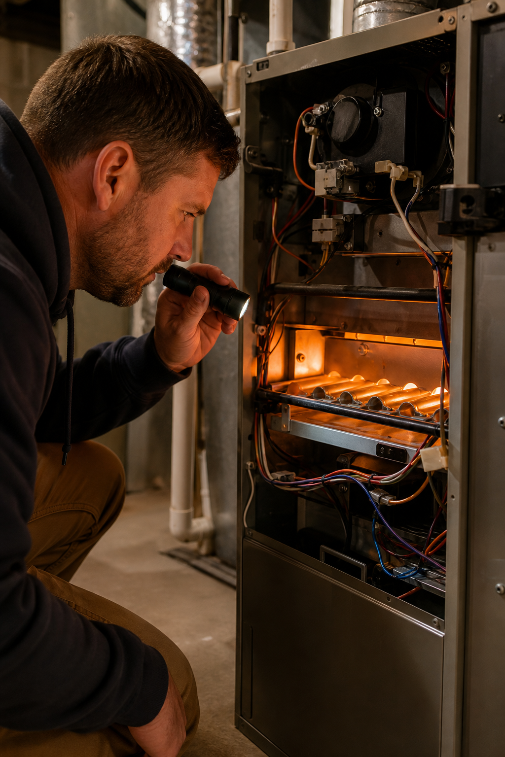 A photorealistic close-up of a homeowner kneeling beside an open furnace panel in a utility room, using a small flashlight to observe the glowing igniter and burner flames inside the furnace, warm orange light from the burners visible inside the unit. Alt: homeowner diagnosing furnace short cycling by observing igniter and burner flames.