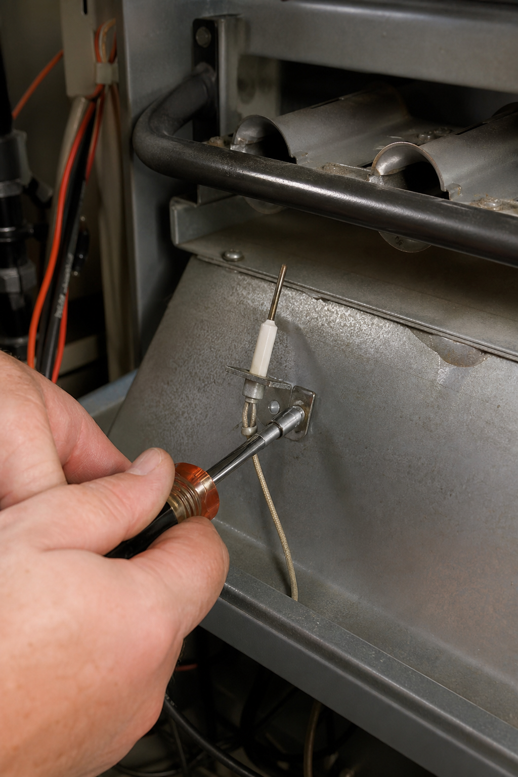 A photorealistic close-up of a person's hand using a nut driver to unscrew a furnace flame sensor from its mounting bracket inside a furnace, the burner tubes visible in the background, the small porcelain-collared metal rod sensor being carefully pulled out. Alt: removing a furnace flame sensor with a nut driver from the burner assembly mounting bracket.