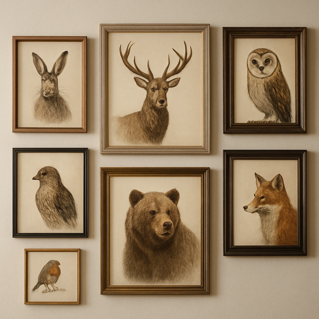 Una elegante galería de pared con láminas de vida silvestre enmarcadas con diversos marcos de madera y metal, que resalta cómo el acabado y el material realzan la obra. Alt: estilos de marcos para láminas de vida silvestre de la galería.