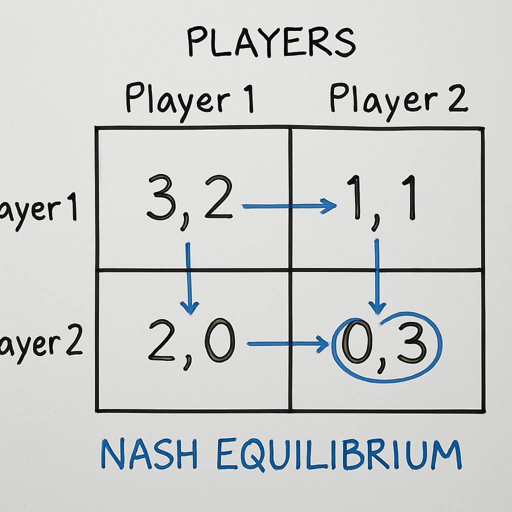 An illustrated payoff matrix on a whiteboard, with arrows showing player actions and outcomes, highlighting the Nash equilibrium point. Alt: Game theory payoff matrix example in negotiation