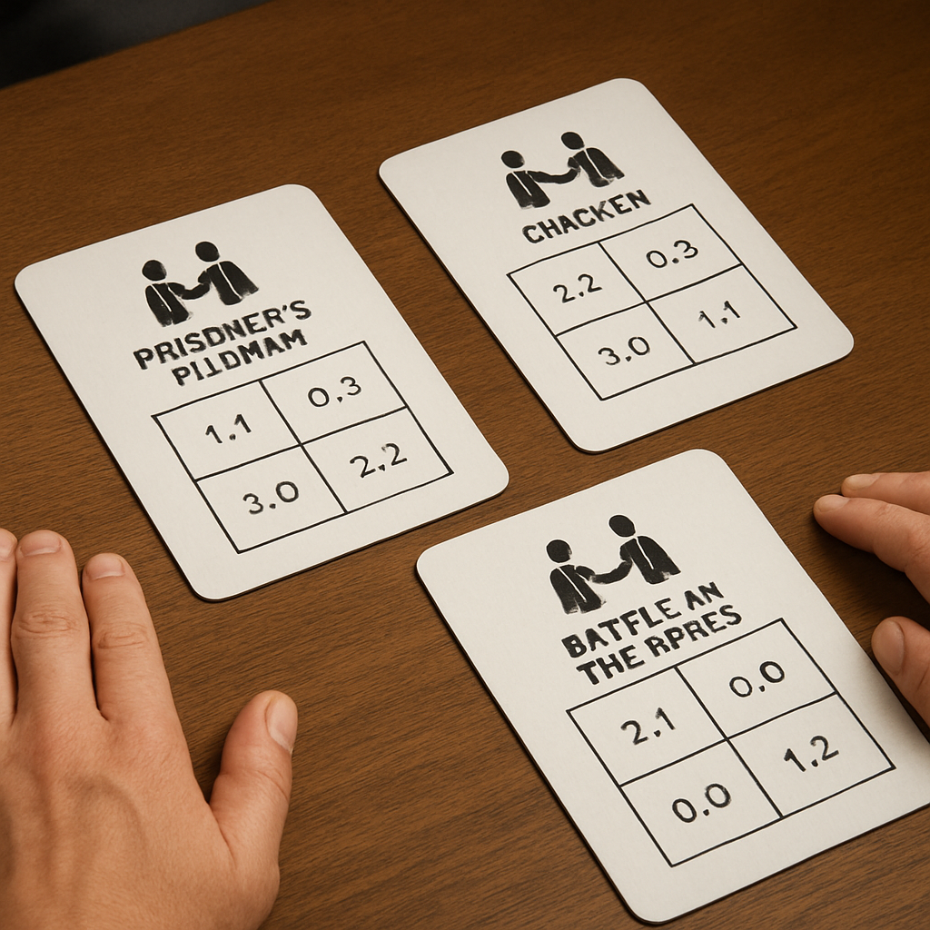 An AI‑generated illustration of a negotiation table where three classic game theory models – Prisoner’s Dilemma, Chicken, and Battle of the Sexes – are represented as cards spread across the surface, each card showing simple payoff matrices and icons of two businesspeople shaking hands. Alt: Visual guide to applying game theory models in negotiation, highlighting Prisoner’s Dilemma and Chicken scenarios.