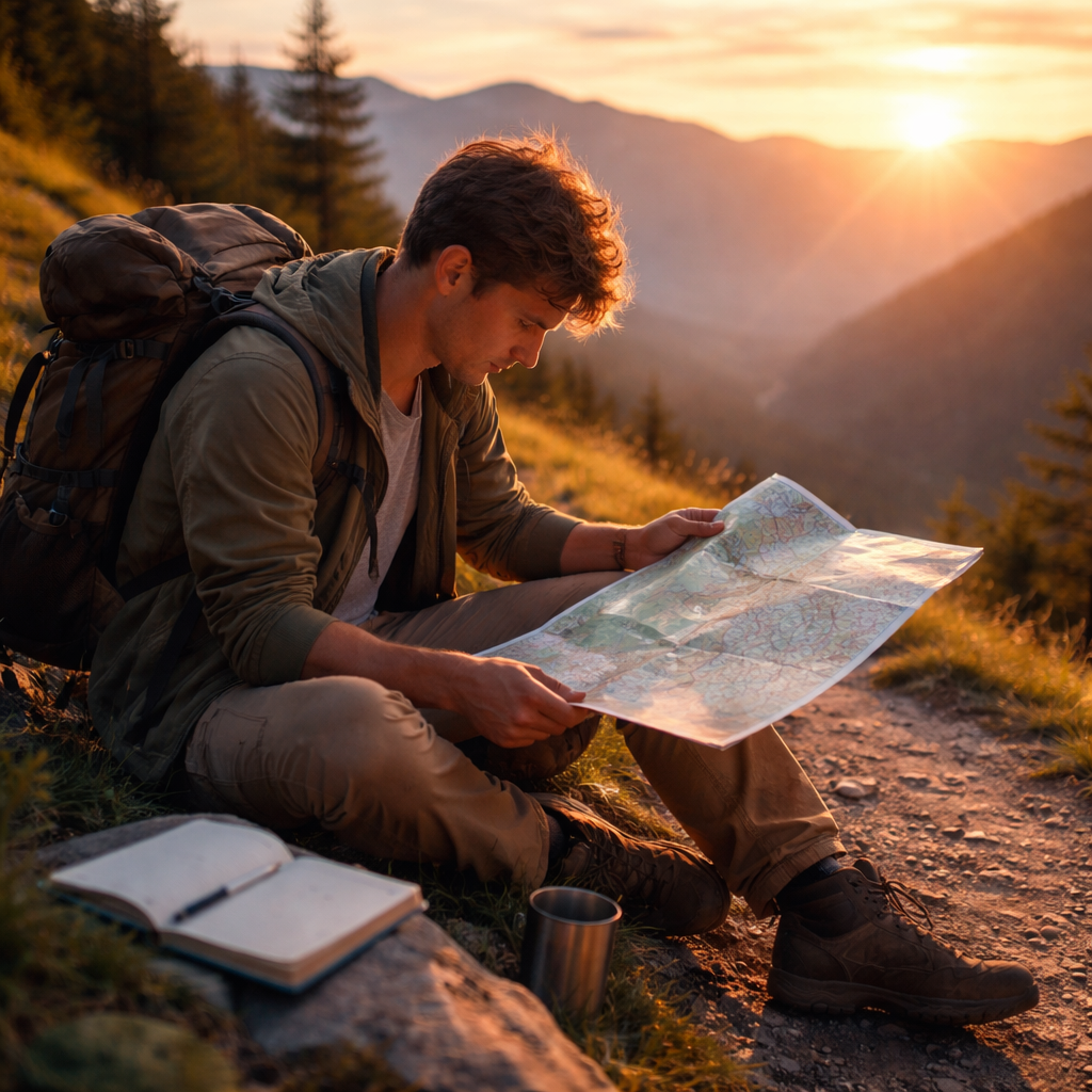A realistic scene of a young adult studying a map while sitting on a mountain trail, backpack, notebook, sunrise. Alt: gap year planning outdoors