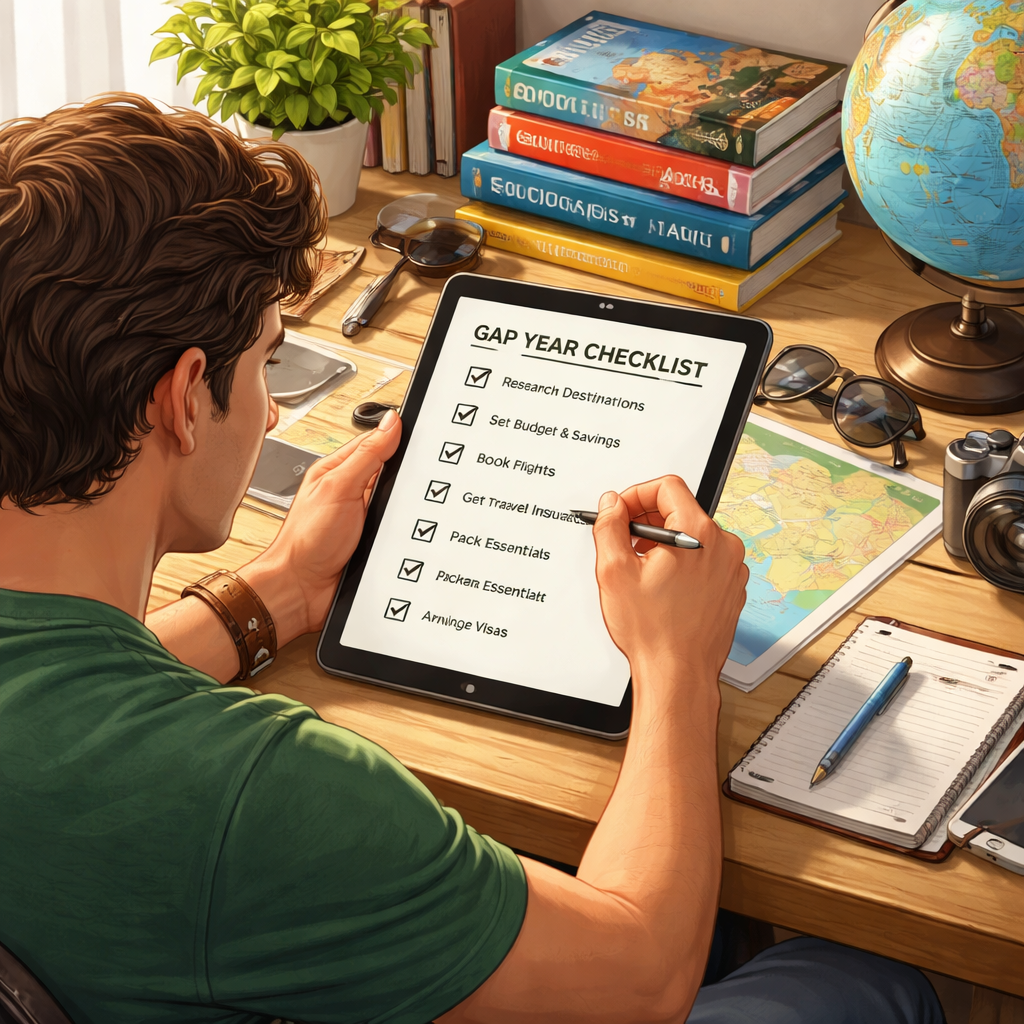 A realistic illustration of a young adult checking a checklist on a tablet while sitting at a desk with travel guides, coffee, and a globe. Alt: gap year planning checklist