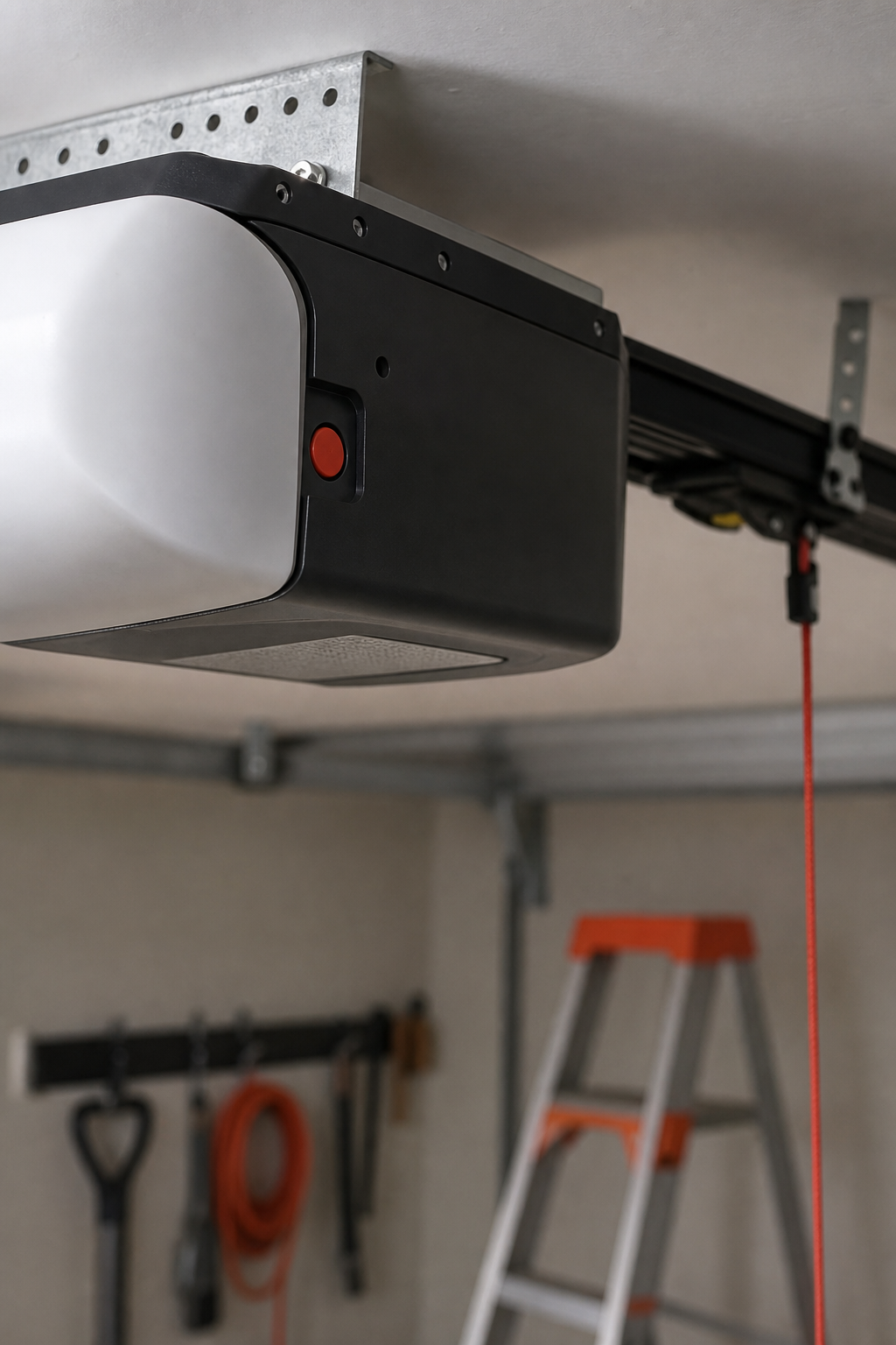 A realistic close‑up of a garage door opener motor unit showing the red programming button on the side, with a ladder and tools blurred in the background. Alt: garage door opener programming button location