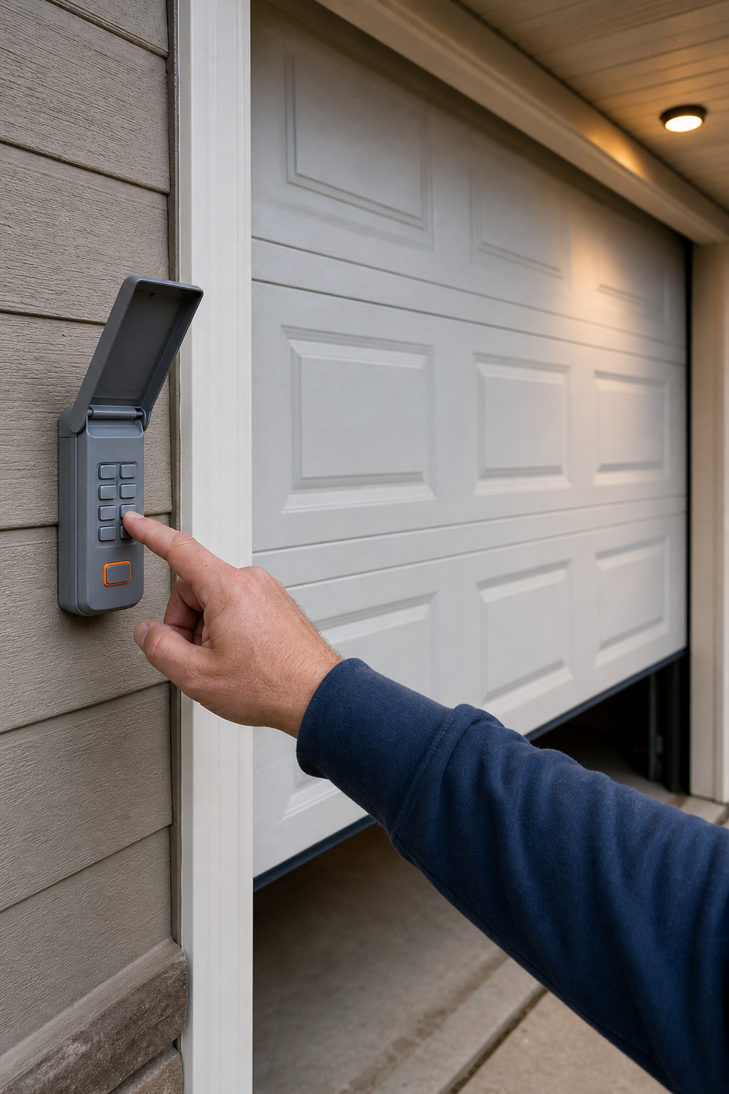 A realistic view of a hand entering a 4‑digit code on a garage door keypad mounted beside the garage door, with the door slightly ajar in the background. Alt: programming garage door keypad
