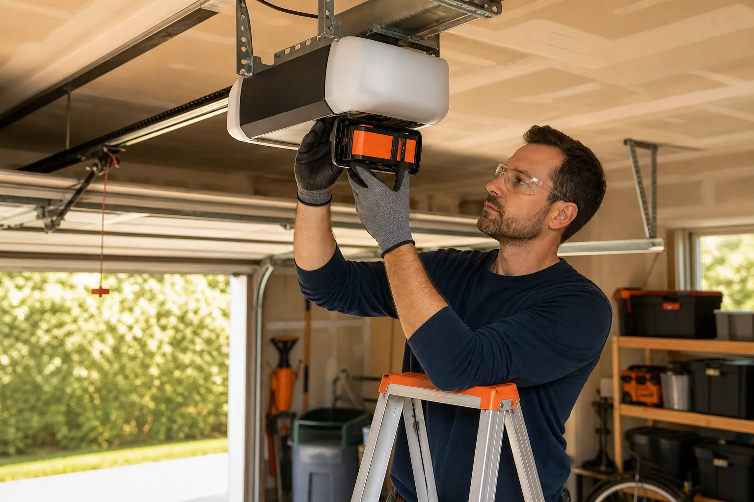 safe garage door opener battery backup inspection with gloves and eye protection.