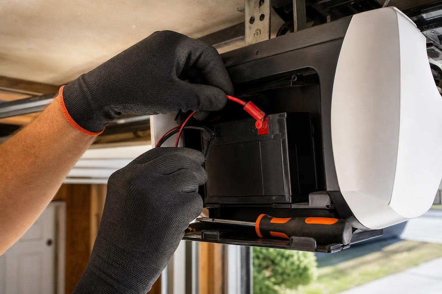 connecting garage door opener backup battery wires with correct polarity.