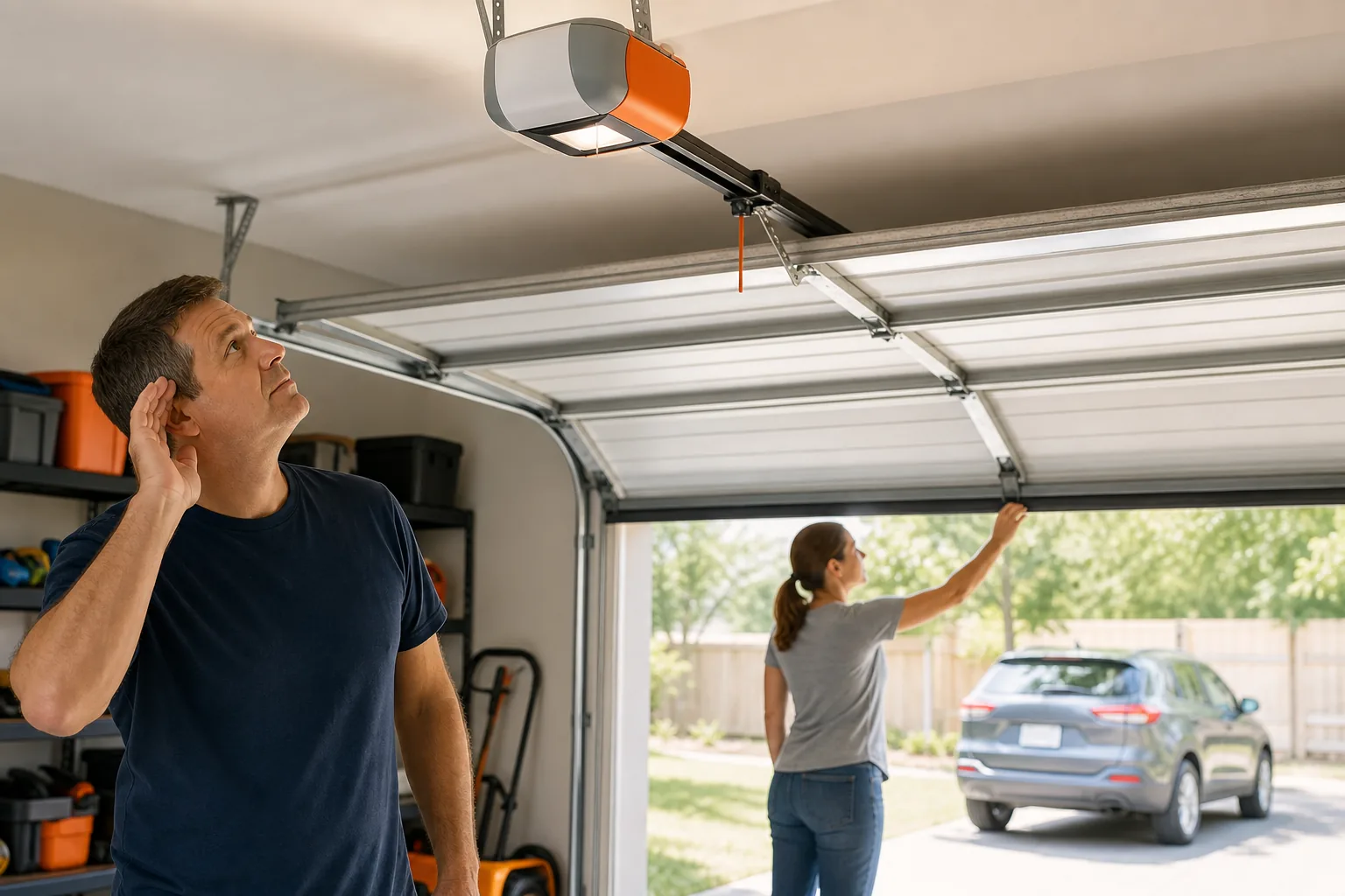 homeowner checking garage door opener noise from rollers hinges tracks and motor