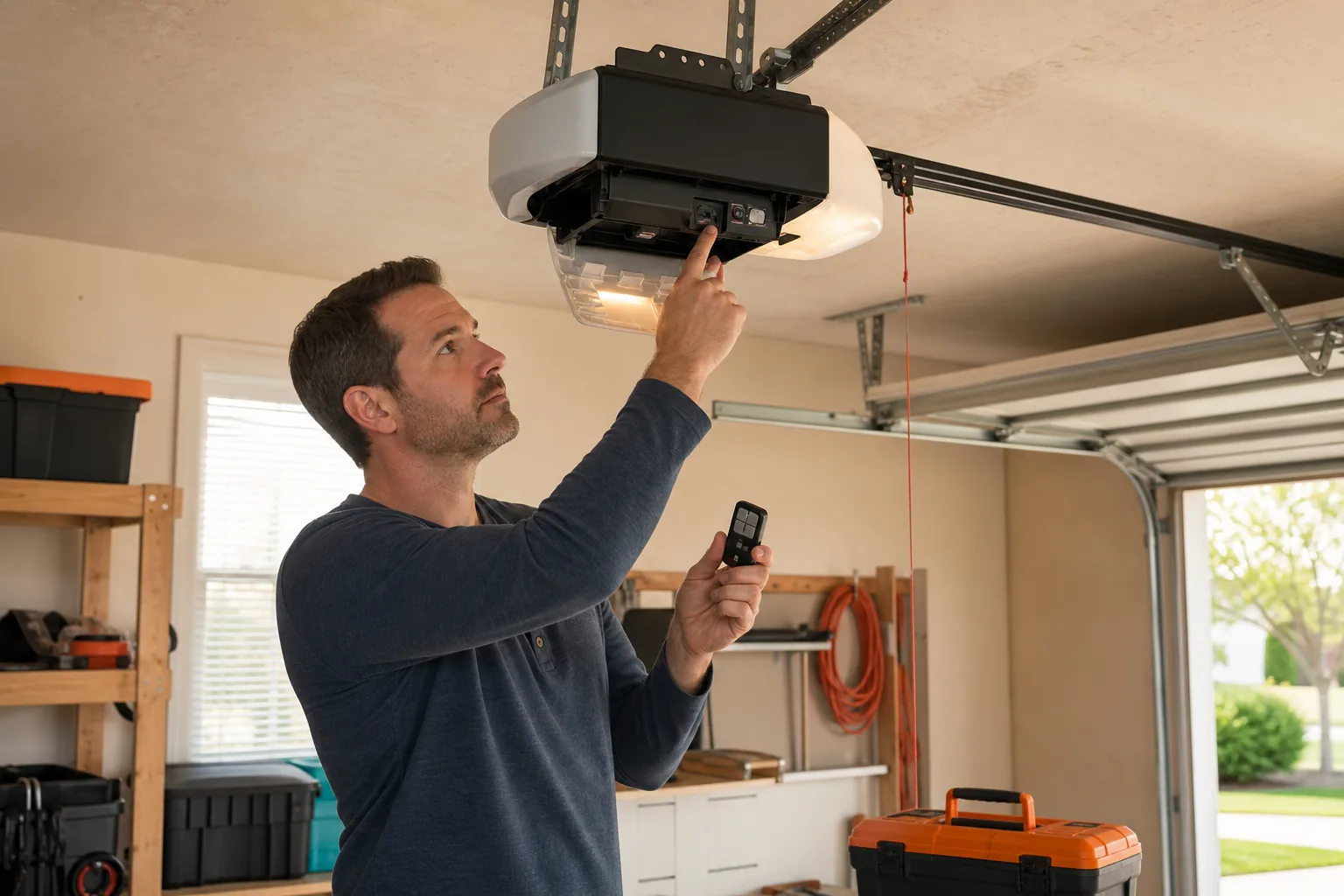 homeowner identifying a garage door opener Learn button and remote model