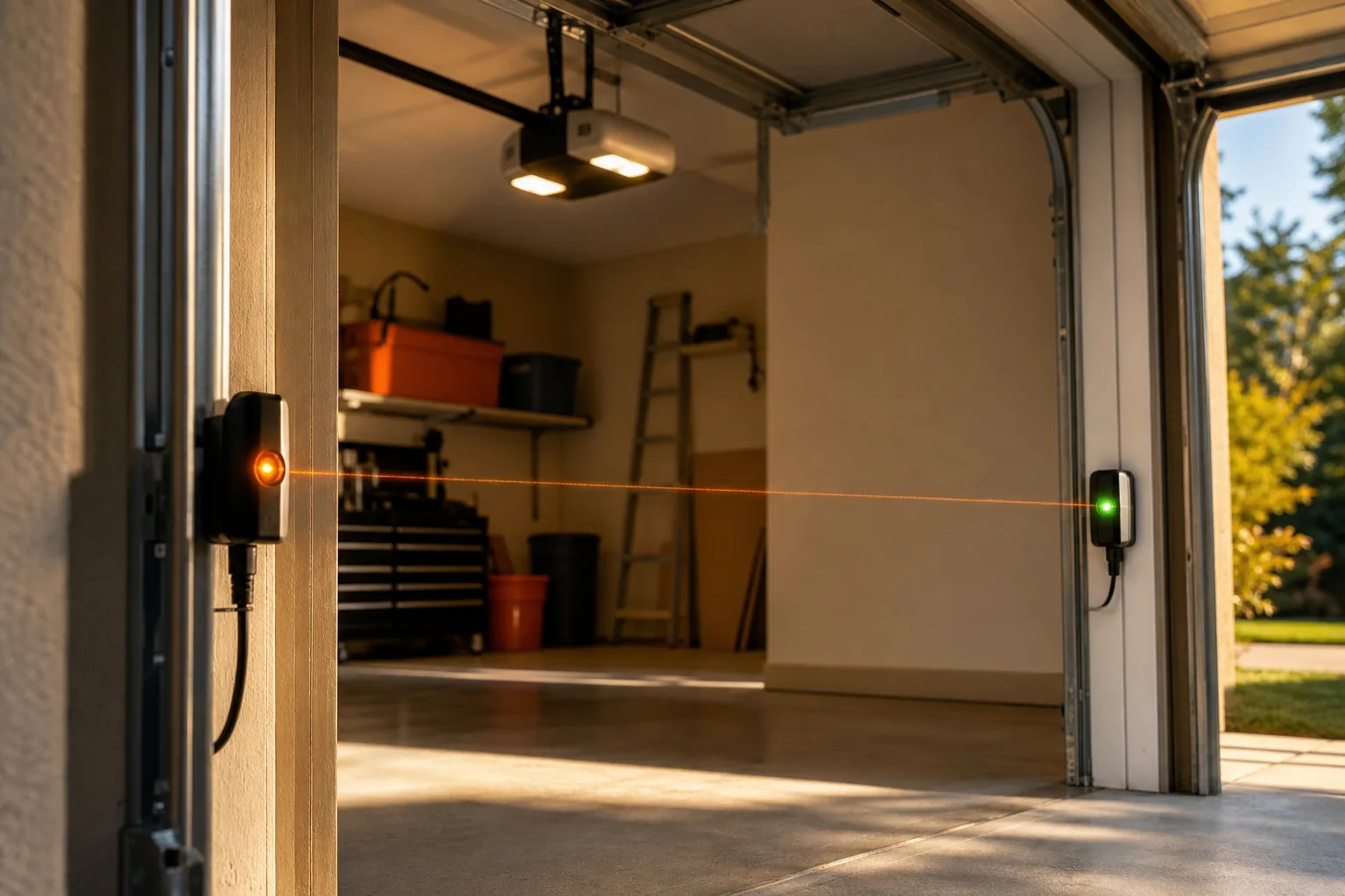 steady garage door sensor LED lights showing proper alignment