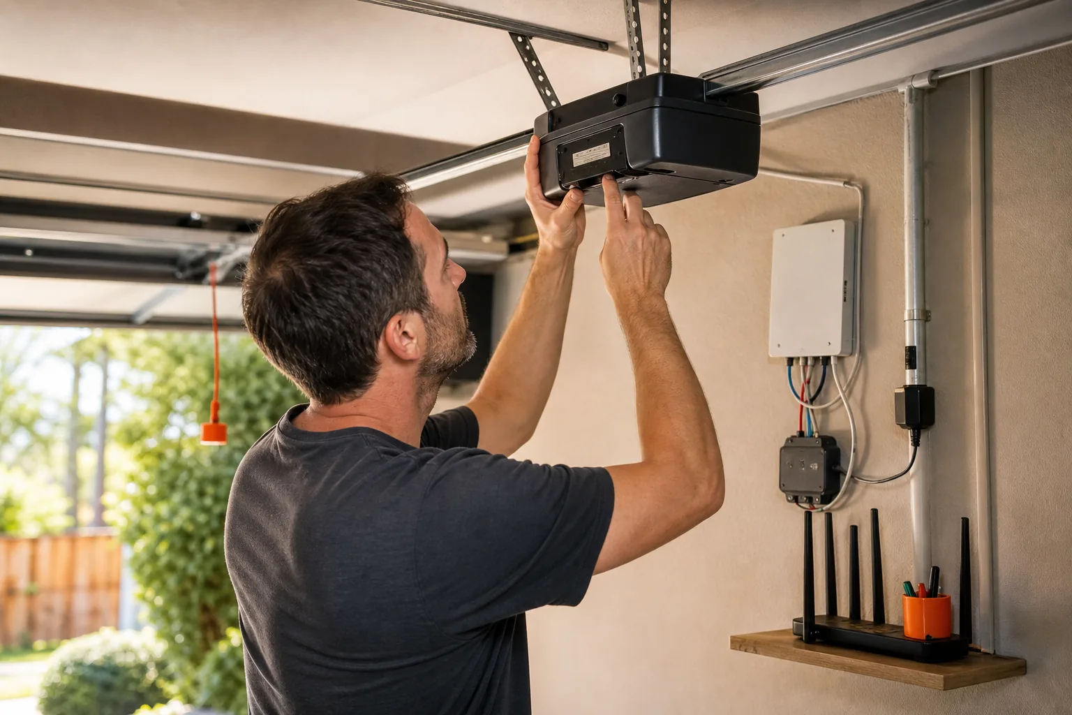 homeowner checking garage door opener compatibility and control wiring