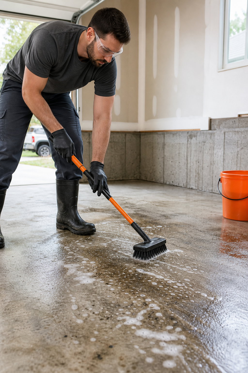 A realistic view of a garage floor being cleaned with a degreaser and scrub brush, with a person in work clothes wearing gloves and safety glasses, natural lighting. Alt: Cleaning garage floor with degreaser before epoxy application