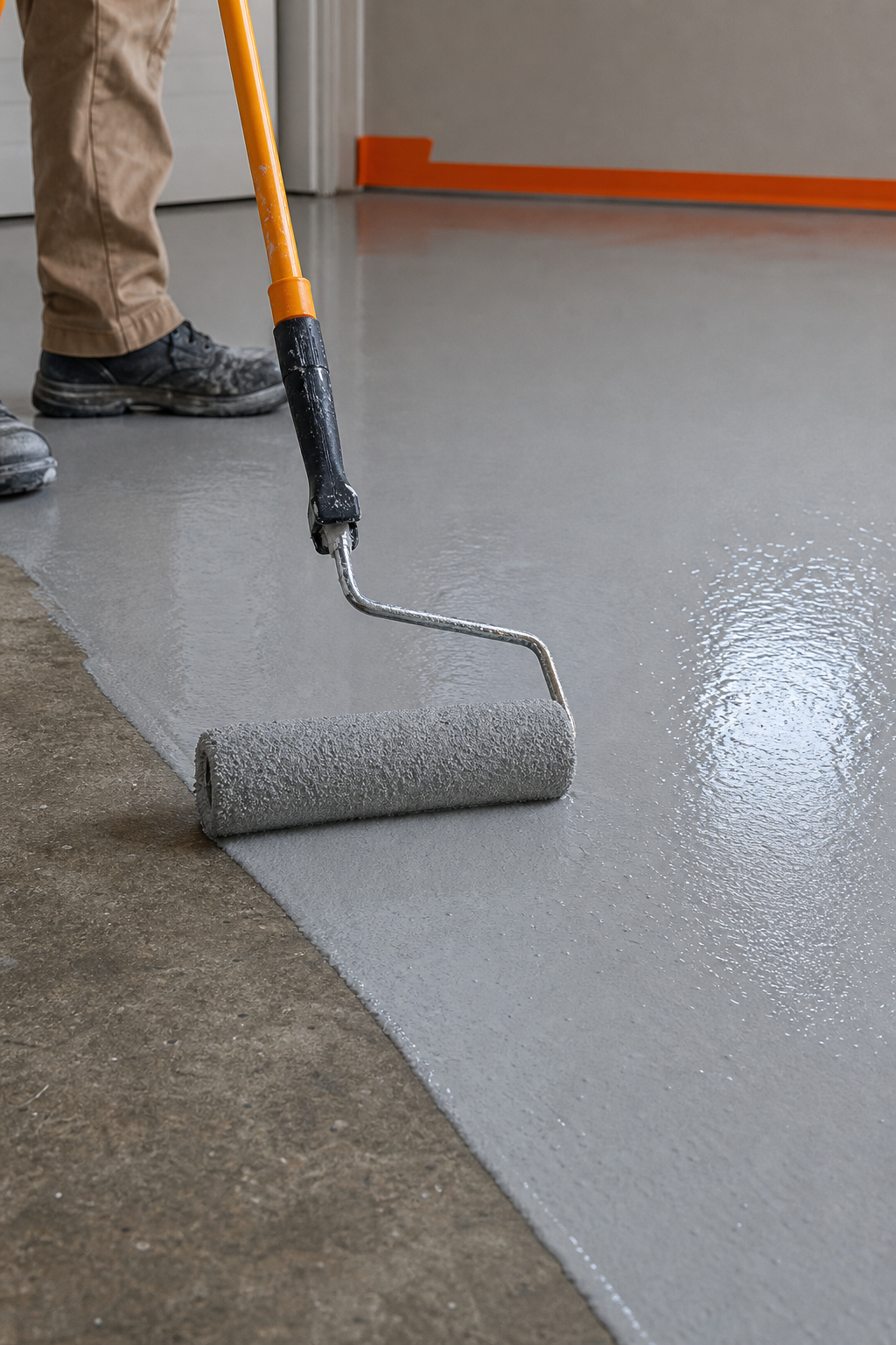 A realistic close-up of epoxy base coat being rolled onto a concrete garage floor, showing the glossy liquid and roller texture, with proper lighting. Alt: Applying epoxy base coat with a roller on garage floor