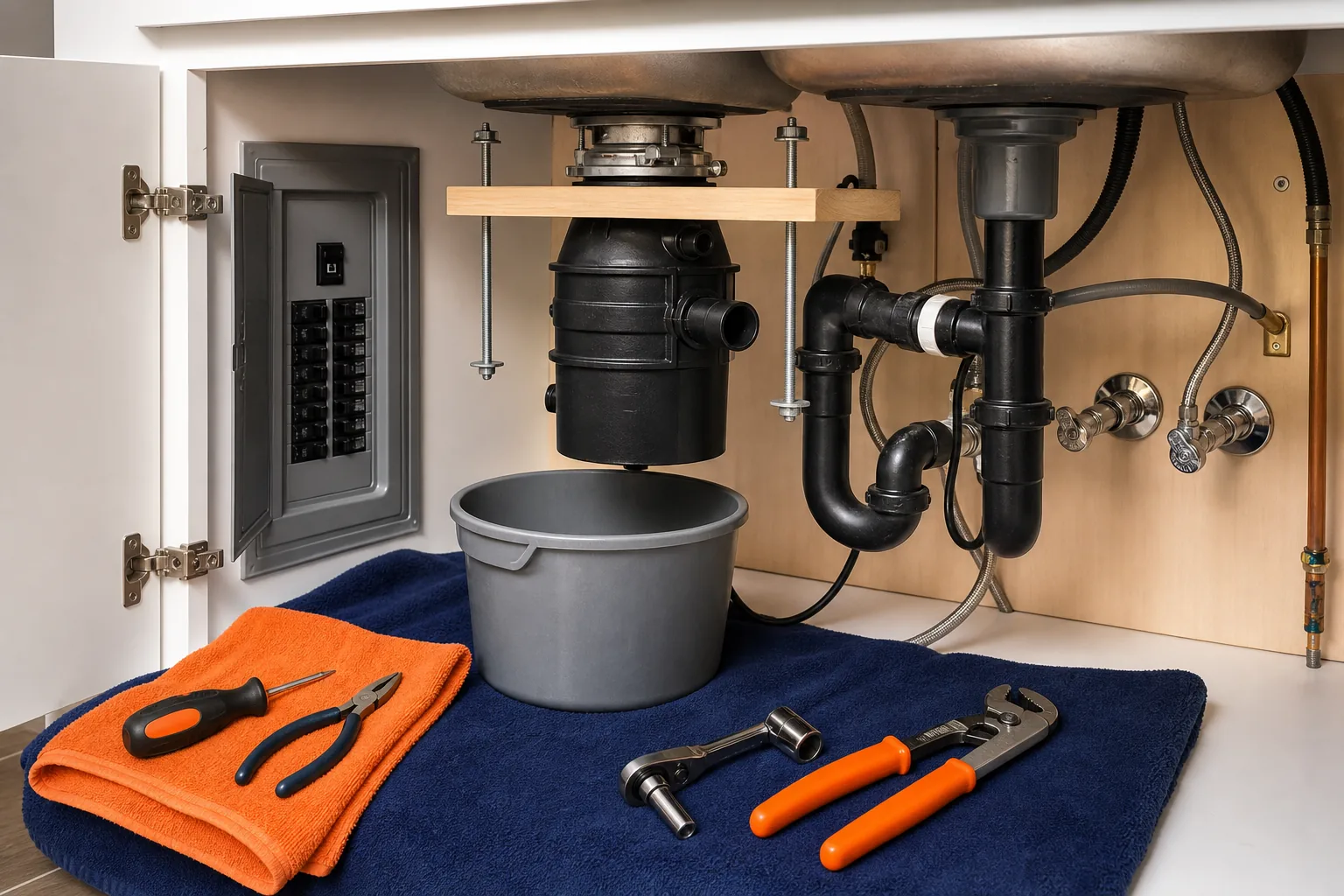 safely removing an old garbage disposal under a kitchen sink