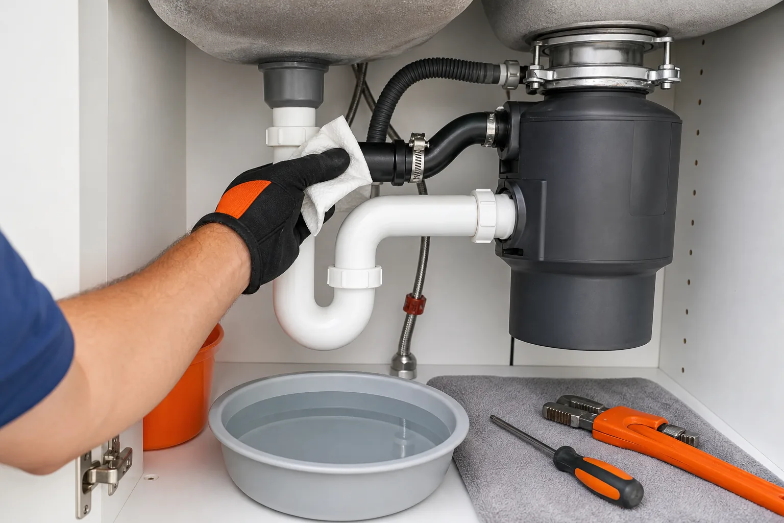 checking garbage disposal drain connections for leaks under a kitchen sink