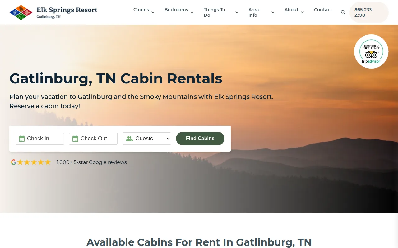 Screenshot of the Elk Springs Resort website