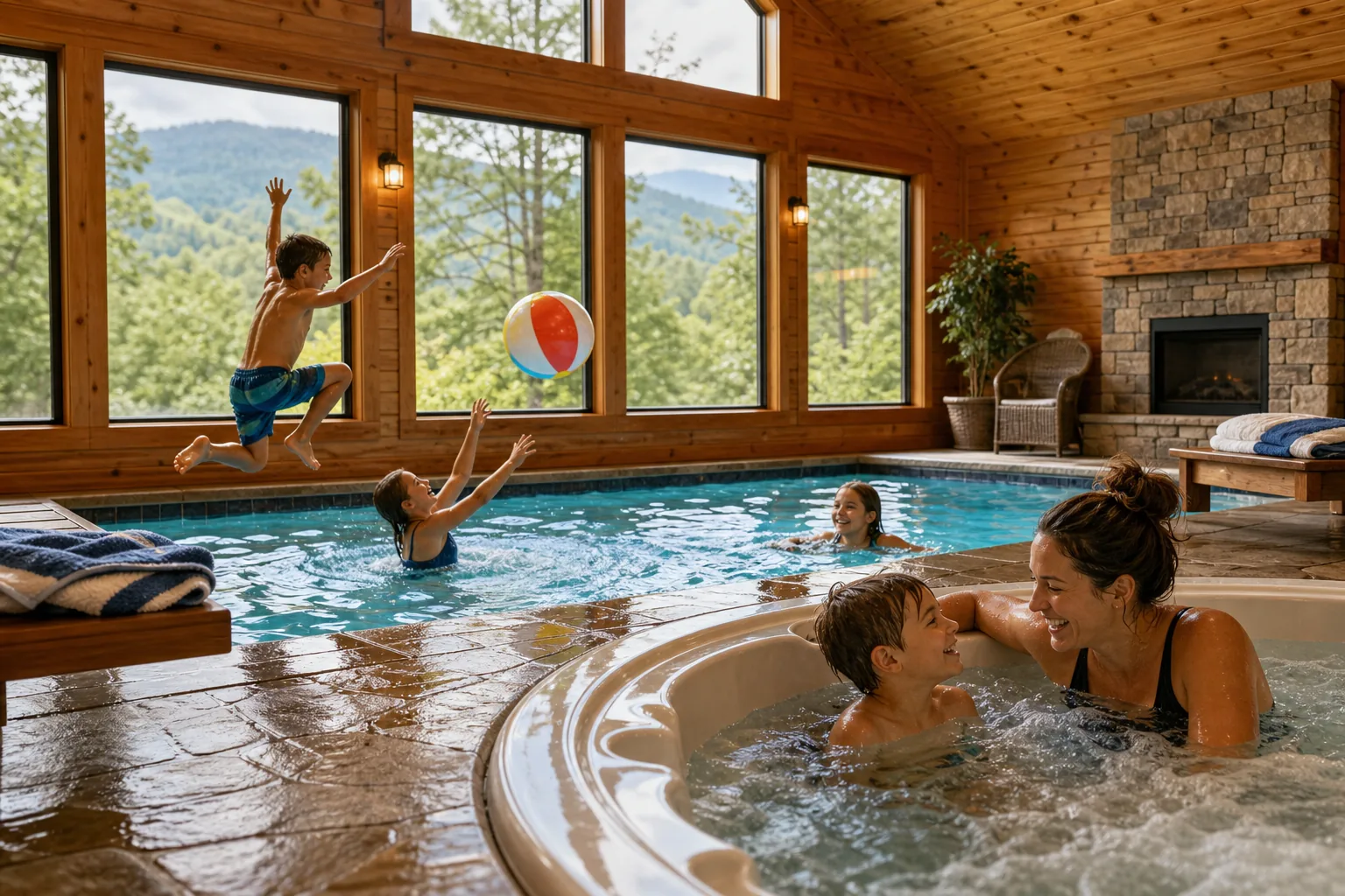 Illustration for Splash N’ Play: Heated Pool and Hot Tub for Family-Friendly Stays