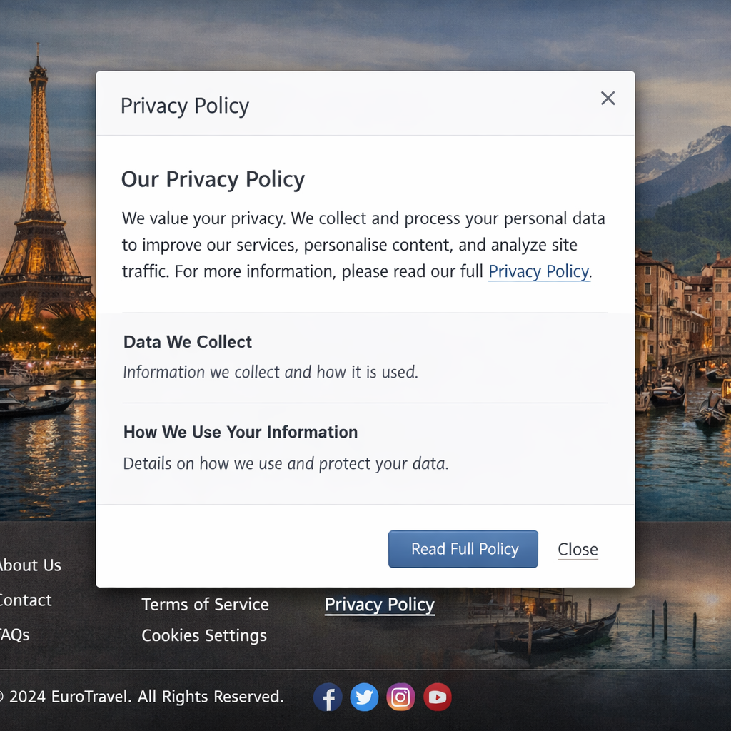 A realistic illustration of a website footer showing a clear “Privacy Policy” link, with a pop‑up preview of the notice. Alt: privacy notice UI example