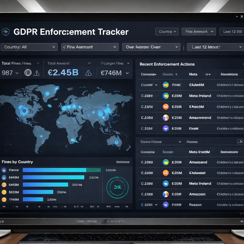 A realistic dashboard view showing a live feed of GDPR enforcement actions, with filters for country and fine amount. Alt: GDPR enforcement tracker dashboard illustration