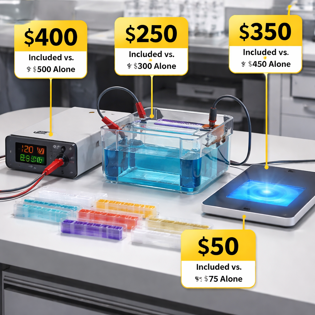 A photorealistic lab bench showing a bundled gel electrophoresis kit with power supply, acrylic tank, LED transilluminator, and reusable combs, with price tags hovering over each component to illustrate cost‑saving comparisons. Alt: Visual guide to buying gel electrophoresis kits and saving money.