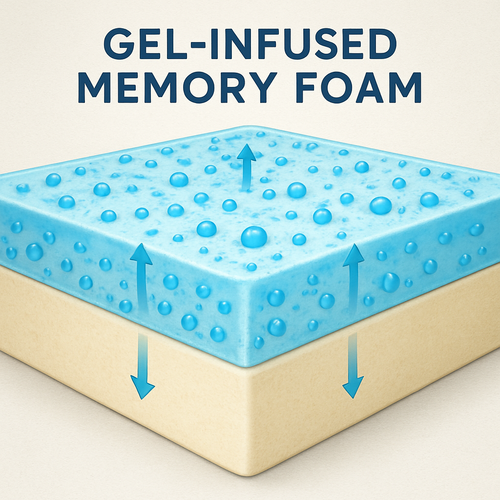 Cross‑section illustration of gel‑infused memory foam showing gel beads dispersed throughout the foam layers, highlighting the cooling pathways. Alt: gel memory foam composition and cooling benefit