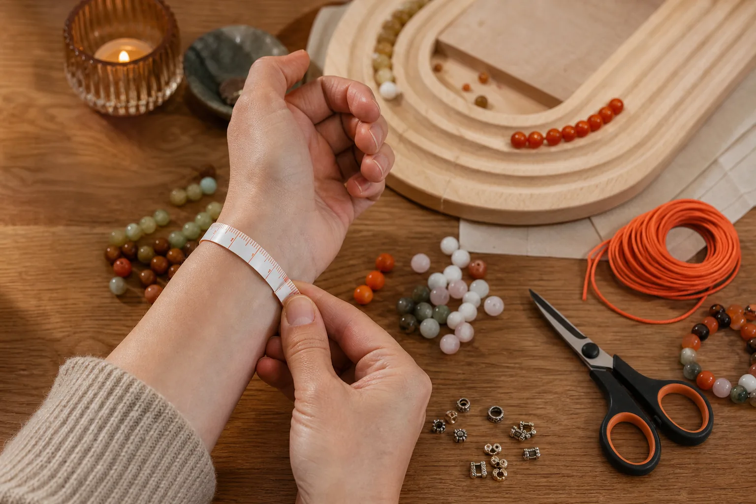 measuring wrist size and arranging gemstone bead bracelet supplies