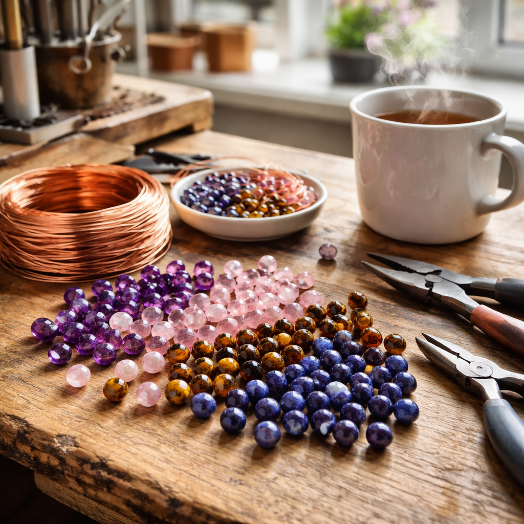 A photorealistic close‑up of a jewellery maker’s workbench in a bright London studio, showing an assortment of 4mm and 8mm gemstone beads – amethyst, rose quartz, tiger eye, and lapis lazuli – scattered beside a copper wire coil, with a cup of tea steaming nearby. Alt: Colourful gemstone beads UK on a craft table.