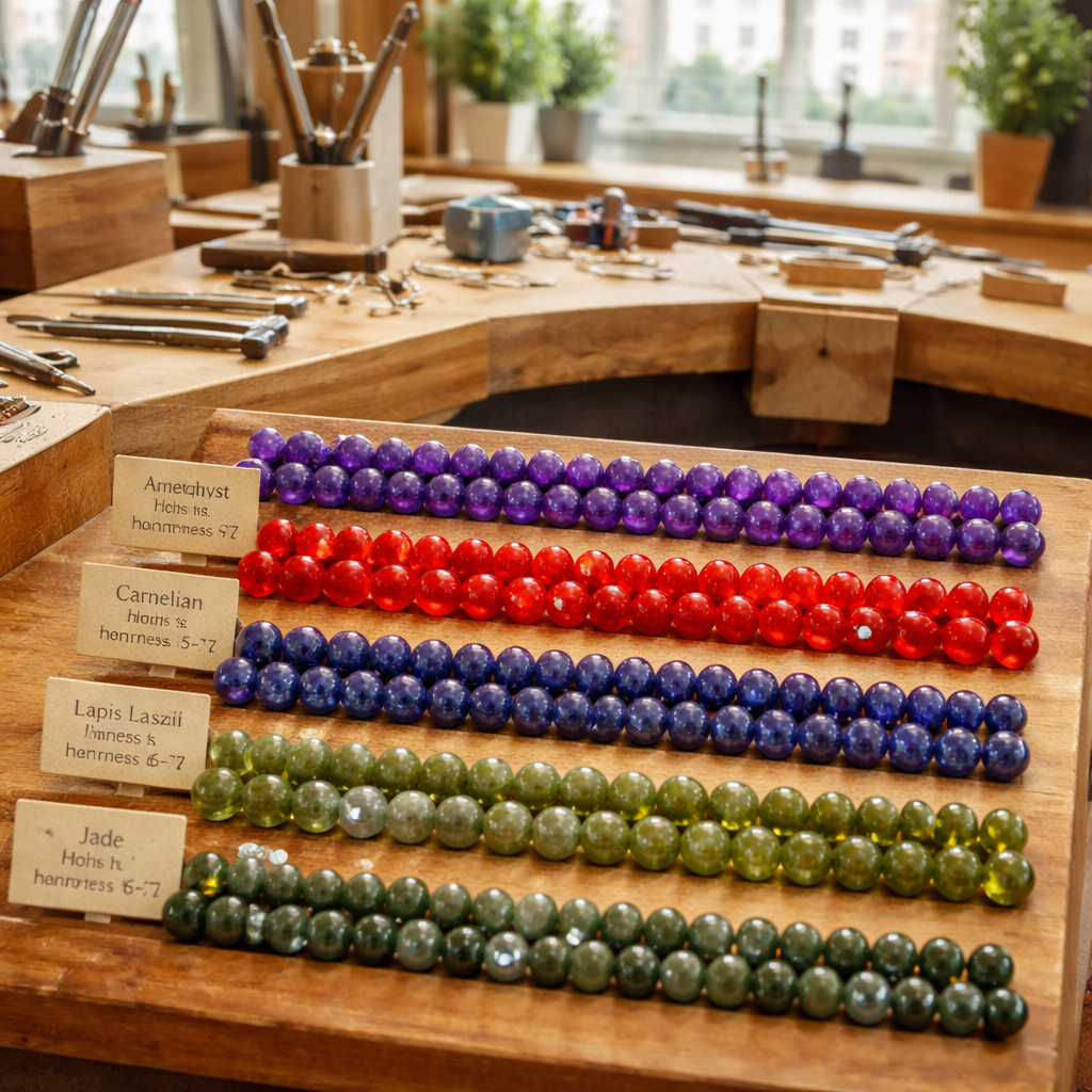 A photorealistic close‑up of a wooden jewellery workbench in a bright London studio, showcasing four rows of gemstone beads – deep violet amethyst, fiery red carnelian, midnight blue lapis lazuli, and olive‑green jade – each labeled with colour and hardness, appealing to UK jewellery designers and craft enthusiasts
