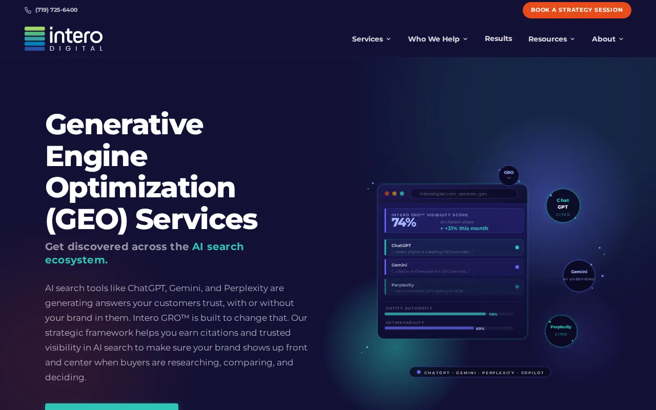 Best Generative Engine Optimization Services 6 Screenshot of the Intero Digital website