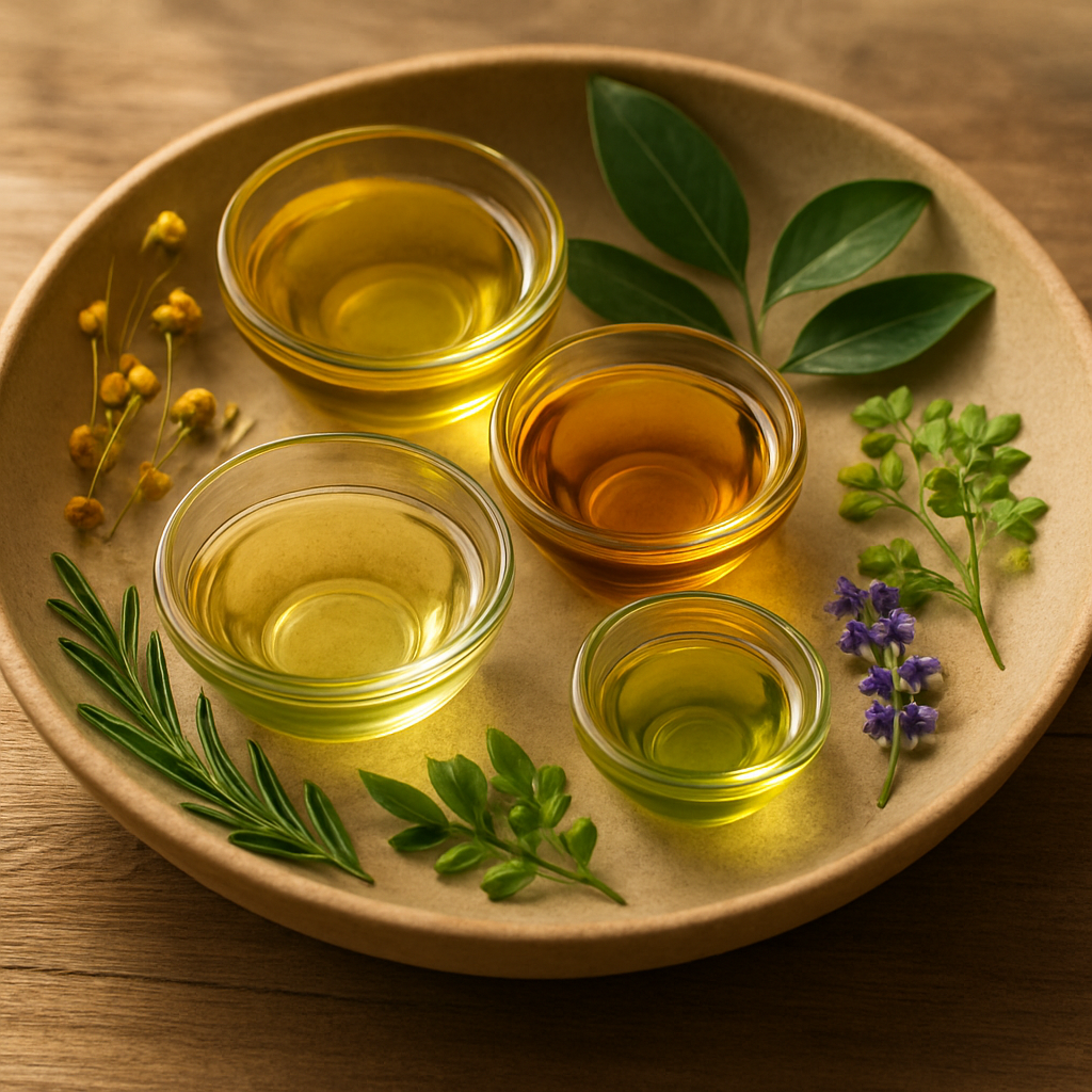 A bowl of fresh, cold‑pressed oils and botanical extracts arranged on a natural wooden surface, soft morning light highlighting their colors. Alt: plant‑based ingredients for a gentle cleanser.