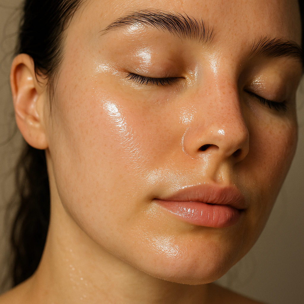 Close-up of glowing, nourished skin after using vegan AHA peeling concentrate. Alt: Radiant sensitive skin post vegan AHA peeling concentrate exfoliation.