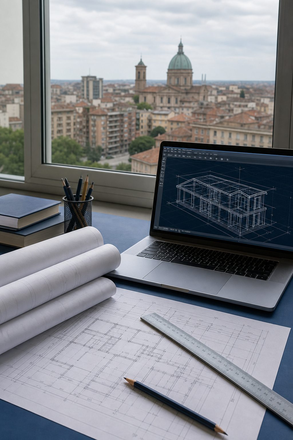 Un primo piano di un tavolo da lavoro con rotoli di progetti edilizi, una matita, un righello e un computer portatile che mostra un software CAD. Sullo sfondo una finestra con vista sulla città di Alessandria. Alt: Normative edilizie per geometra Alessandria.