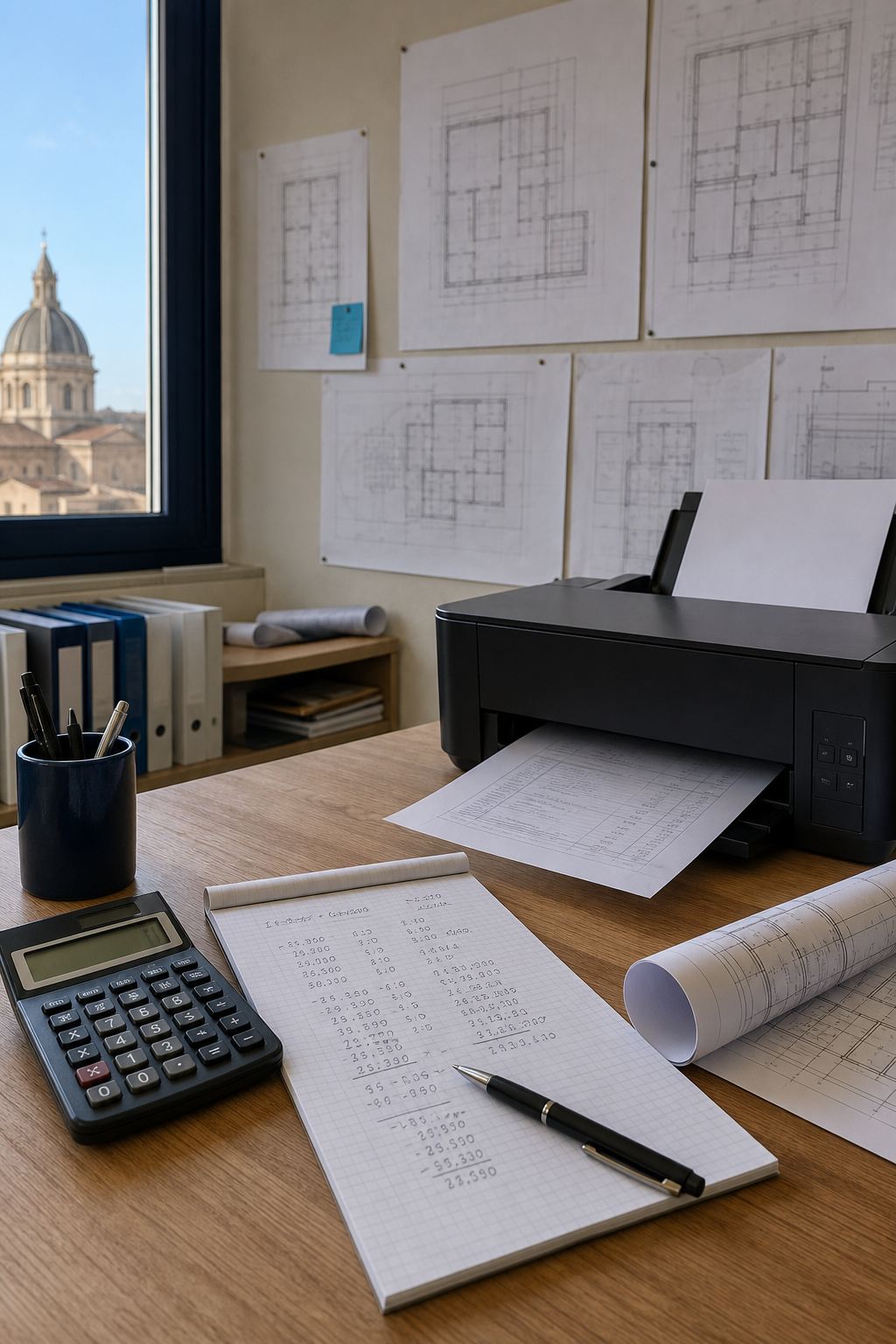 Una scrivania con calcolatrice, block notes con cifre scritte a mano, e una stampante che sta stampando un documento. Sullo sfondo un muro con progetti appesi. Alt: Costi e tempistiche geometra Alessandria.
