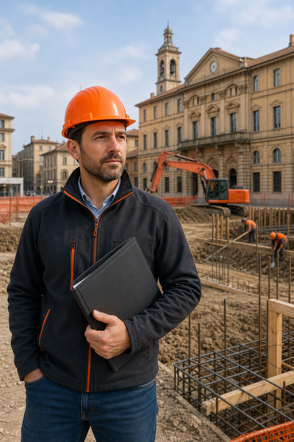 Un geometra in primo piano con casco e cartella, davanti a un cantiere edile ad Alessandria, con palazzi storici sullo sfondo. Alt: Geometra ad Alessandria al lavoro su un cantiere edile.