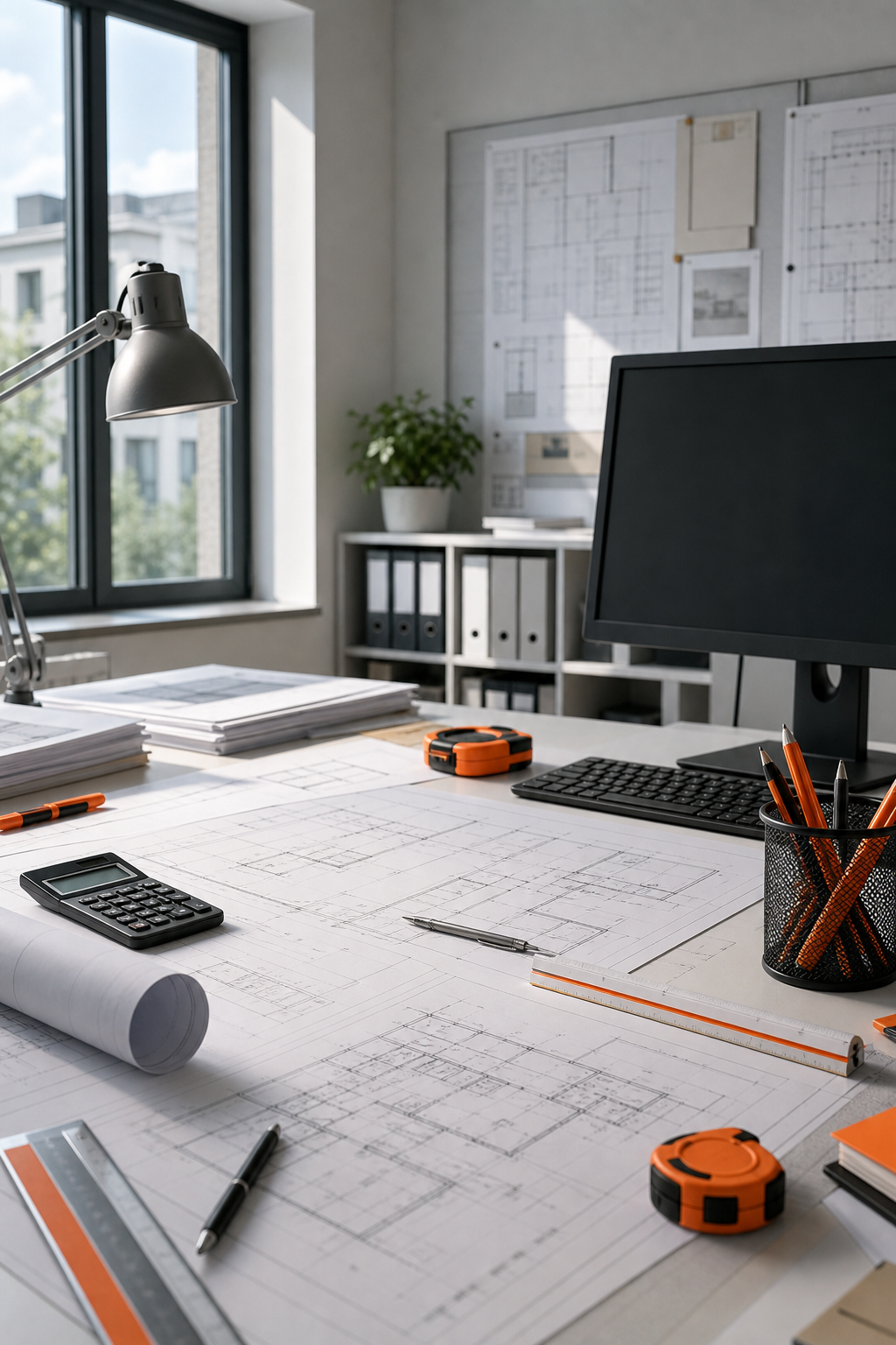 Tavolo da lavoro di uno studio tecnico con planimetrie, computer e strumenti di misura. Alt: Servizi di un geometra ad Alessandria: planimetrie e pratiche catastali.