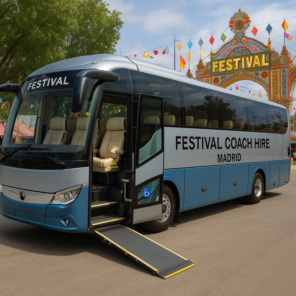 A luxury festival coach parked outside a vibrant Madrid festival ground. Alt: Festival coach hire Madrid with luxurious seating and accessibility features.
