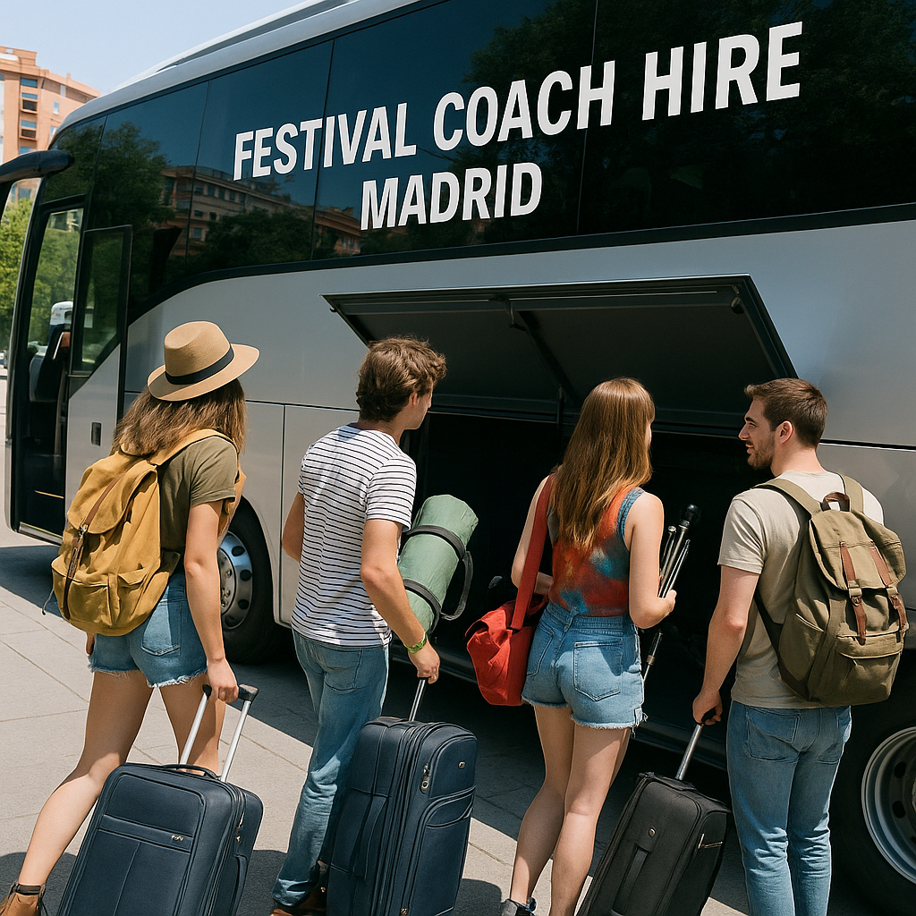 Group of friends boarding a spacious festival coach in Madrid with luggage and festival gear. Alt: Group boarding a festival coach hire Madrid with ample storage space.