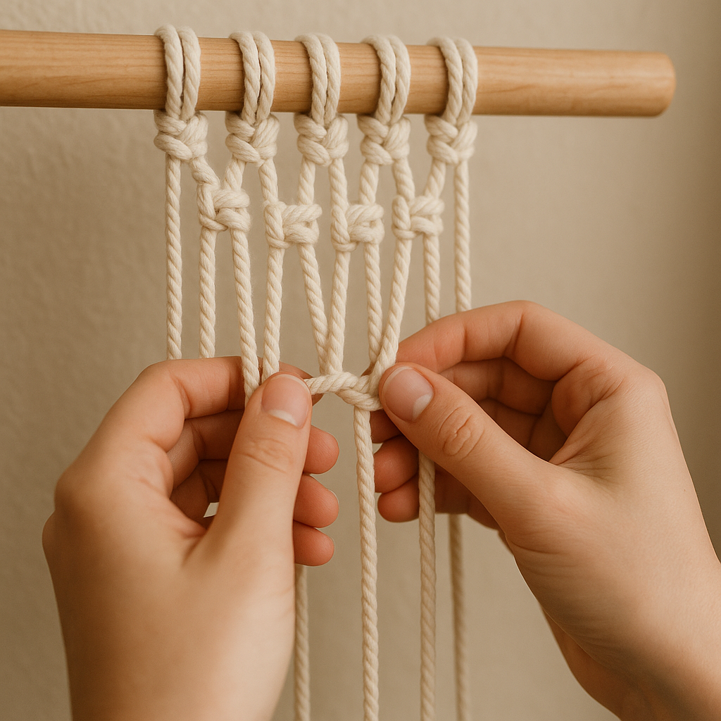 A macrame beginner tying square knots on cotton cord attached to a wooden dowel. Alt: Beginner macrame tutorial knotting square knots on cotton cord.