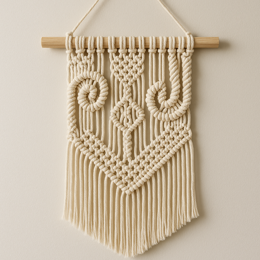 Completed macrame wall hanging in natural cotton cord, showcasing square knots and spiral designs. Alt: Macrame tutorial for beginners showing wall hanging with square and spiral knots.
